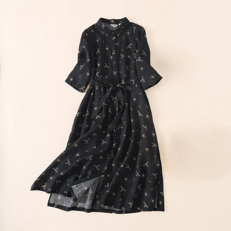 Buddha Stones Summer Printing Floral Button Lace-Up Design Half Sleeve Midi Dress With Pockets