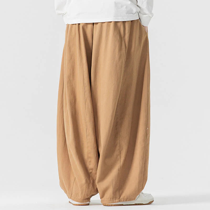 Buddha Stones Fall Solid Color Cotton Elastic Waist Men's Harem Pants With Pockets