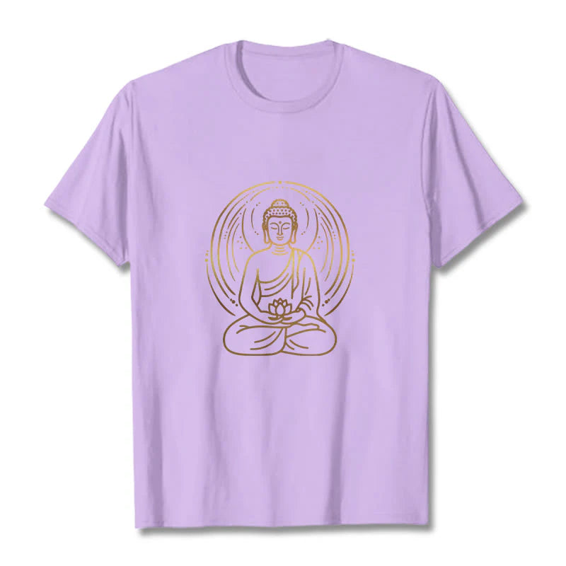 Buddha Stones Golden Meditation Buddha Halo Holding A Lotus Flower Tee T-shirt