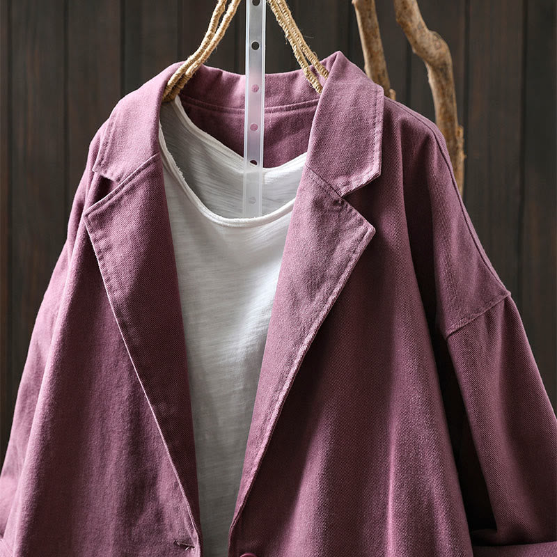 Buddha Stones Spring Fall Buttons Lapel Collar Long Sleeve Mid-length Cotton Women's Jacket With Pockets