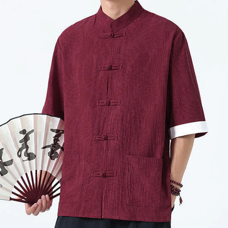 Buddha Stones Summer Flowers Grass Pattern Tang Suit Men's Frog-Button Half Sleeve Cotton Shirt With Pockets