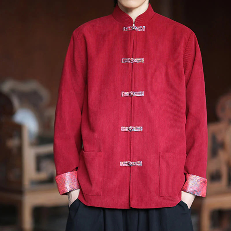 Buddha Stones Spring Jacquard Frog-Button Men's Cotton Corduroy Long Sleeve Jacket With Pockets