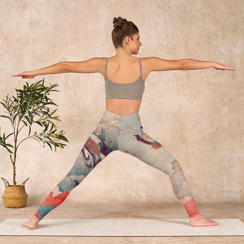 Buddha Stones Dunhuang Flying Apsaras Auspicious Clouds Print Fitness Leggings Women's Yoga Pants