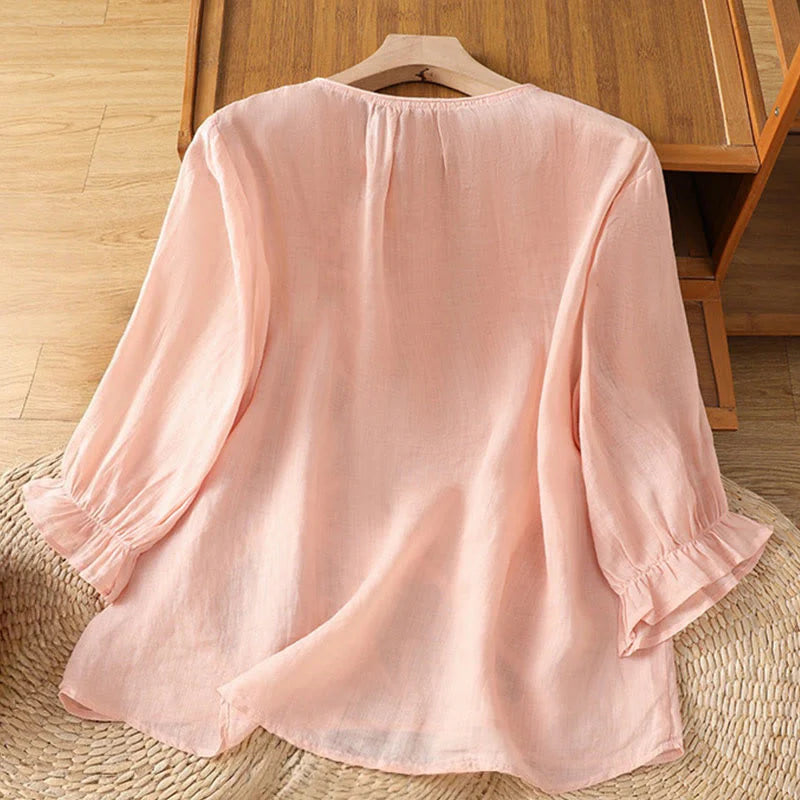 Buddha Stones Flower Vines Embroidery Button Crew Neck Three Quarter Sleeve Women's Cotton Shirt