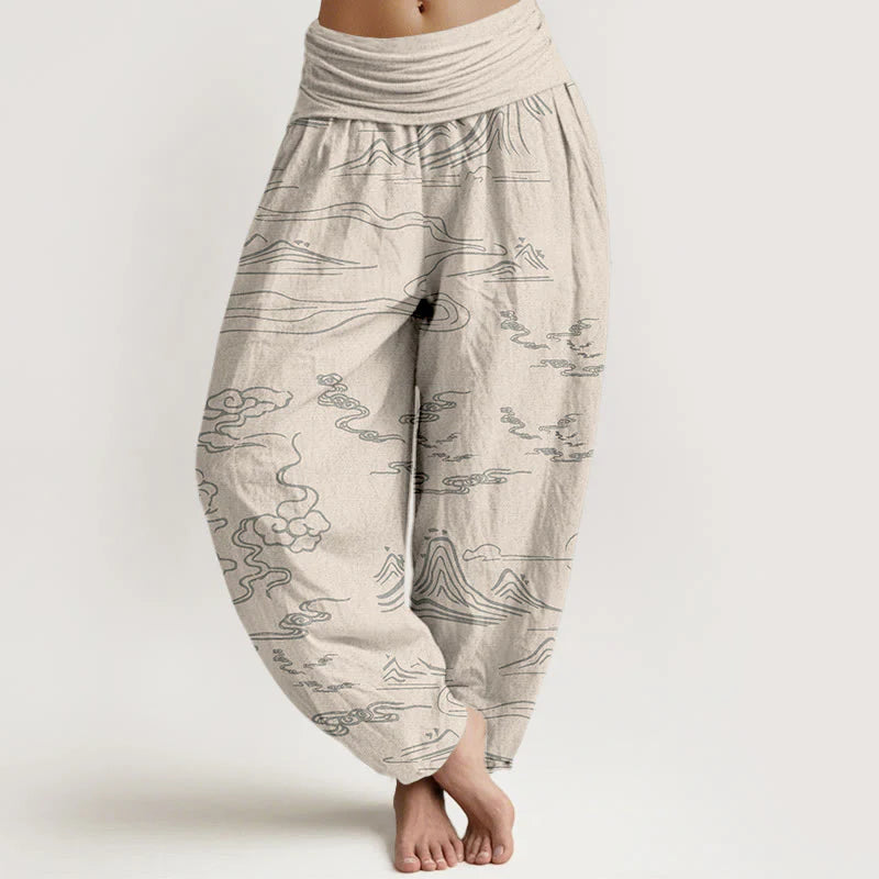 Buddha Stones Cotton Mountain Moon Auspicious Clouds Pattern Women's Elastic Waist Harem Pants
