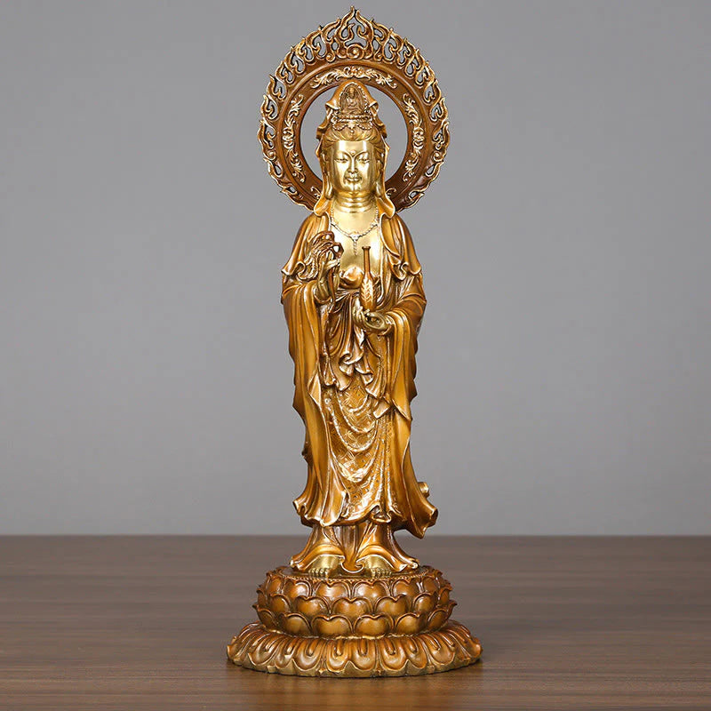Buddha Stones Kwan Yin Avalokitesvara Lotus Aura Success Brass Copper Statue Home Decoration
