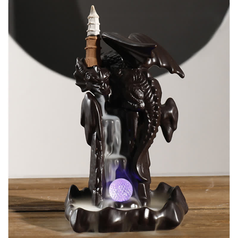 Buddha Stones Nordic Dragon Ceramic Backflow Smoke Fountain Meditation Healing Incense Burner Led Ball Decoration
