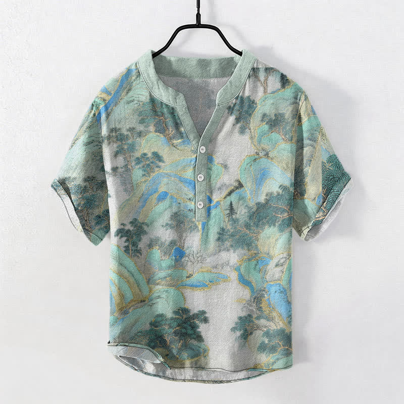Buddha Stones Cotton Mountain Emblem Men's Short Sleeve Half Button Shirt