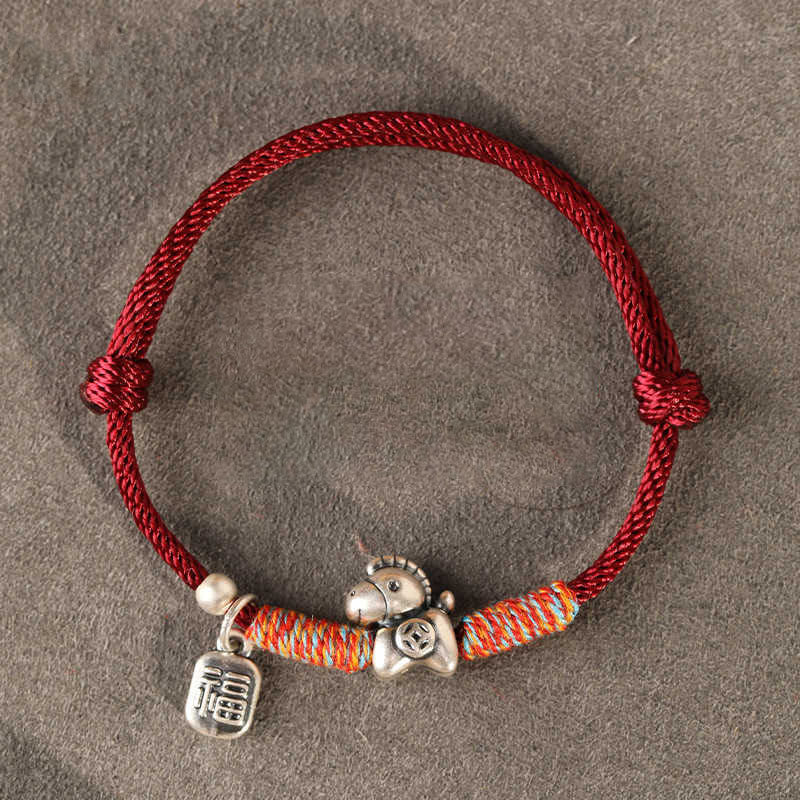 Buddha Stones 999 Sterling Silver Year Of The Horse Fu Character Charm String Braided Luck Bracelet