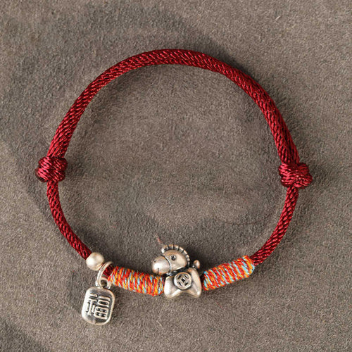 Buddha Stones 999 Sterling Silver Year Of The Horse Fu Character Charm String Braided Luck Bracelet