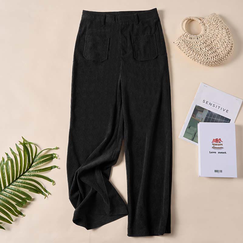 Buddha Stones Plain Corduroy Polyester Women's Buttons Wide Leg Pants With Pockets