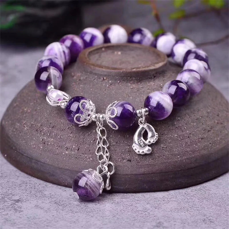 Buddha Stones 925 Sterling Silver Natural Amethyst Healing Feet Love Heart Charm Bracelet