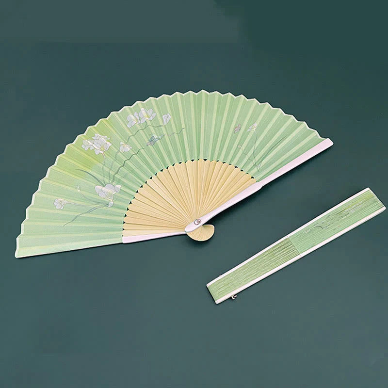 Buddha Stones Orchid Begonia Flower Handheld Cotton Linen Fabric Bamboo Folding Fan