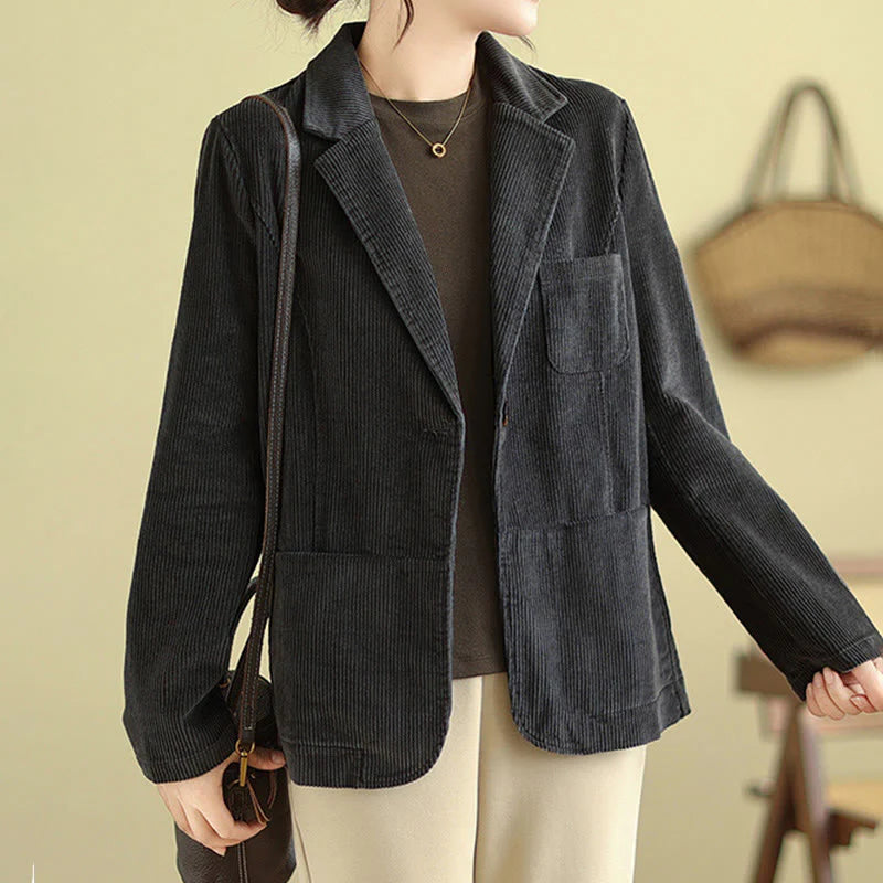 Buddha Stones Retro Plain Women's Long Sleeve Corduroy Jacket With Pockets