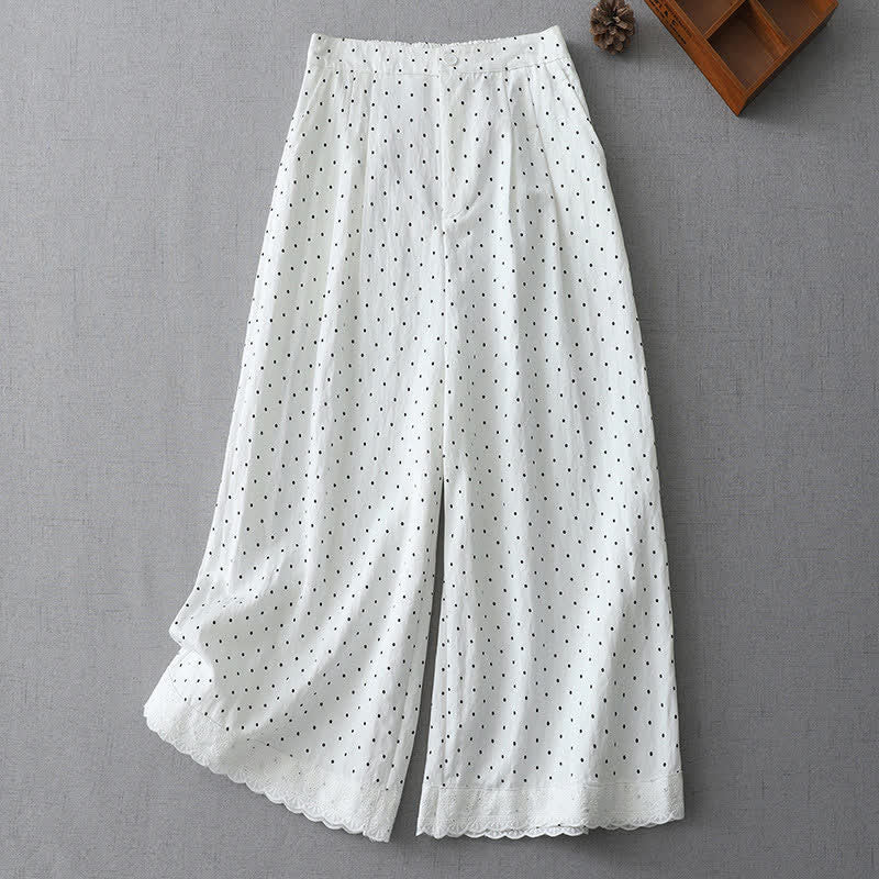 Buddha Stones Polka Dot Lace Patchwork Cotton Women's Wide Leg Capri Pants With Pockets
