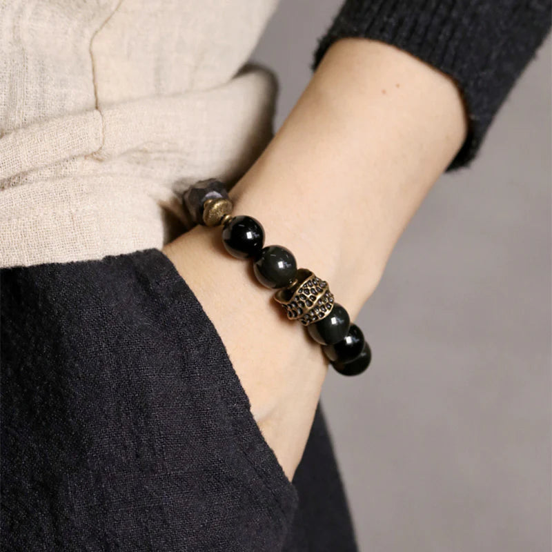 Buddha Stones Black Obsidian Ebony Wood Copper Strength Couple Bracelet (Extra 30% Off | USE CODE: FS30)