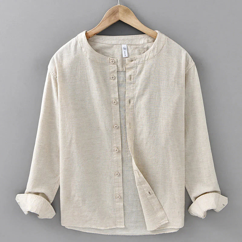 Buddha Stones Men's Spring Pure Color Stand Collar Cotton Linen Long Sleeve Shirt