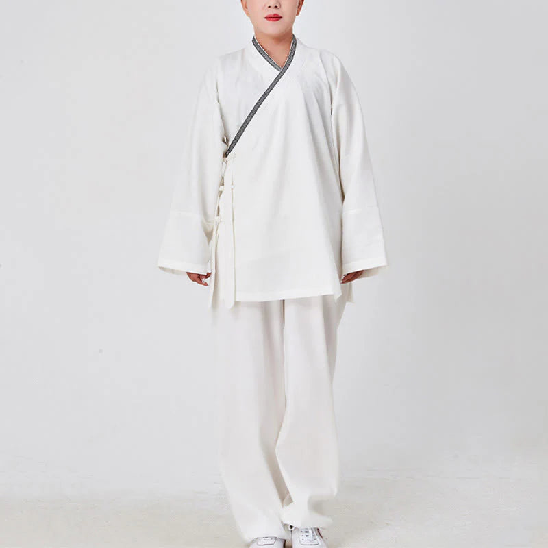 Buddha Stones 2Pcs Wudang Fall Solid Frog-Button Long Sleeve Linen Unisex Taoist Robe Kimono Pants Qigong Ceremony Suit