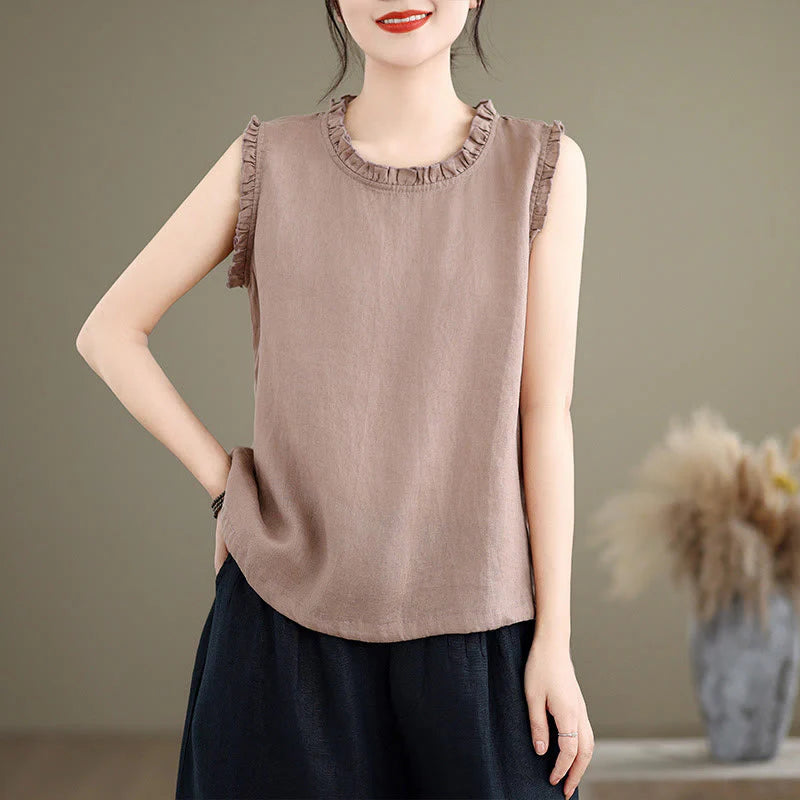 Buddha Stones Summer Ruffled Design Drawstring Crew Neck Cotton Linen Women's Sleeveless Vest