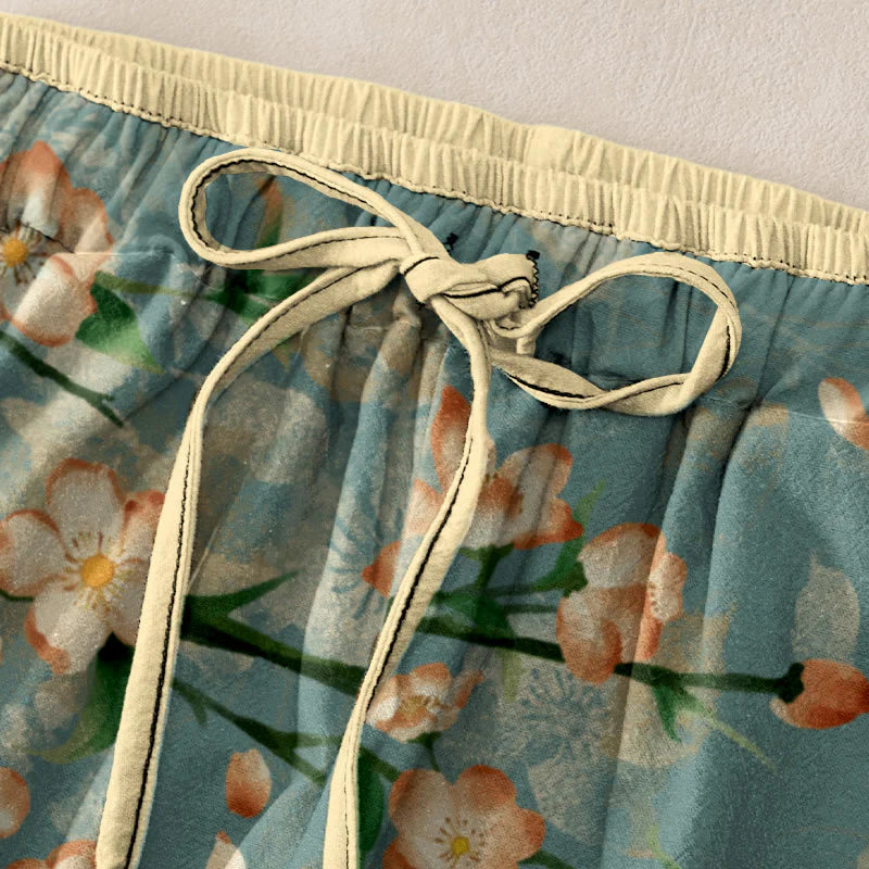 Buddha Stones Cotton Casual Peach Blossoms Flying Geese Pattern Women's Elastic Waist Pants With Pockets