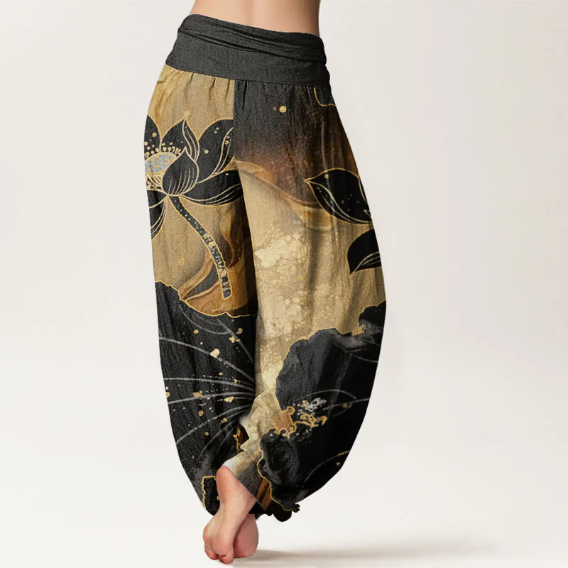 Buddha Stones Cotton Casual Lotus Petal Pattern Women's Elastic Waist Harem Pants