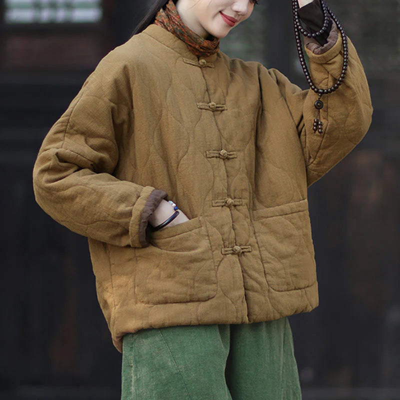 Buddha Stones Winter Curved Lines Frog-Button Ramie Cotton Long Sleeve Women's Thermal Jacket With Pockets