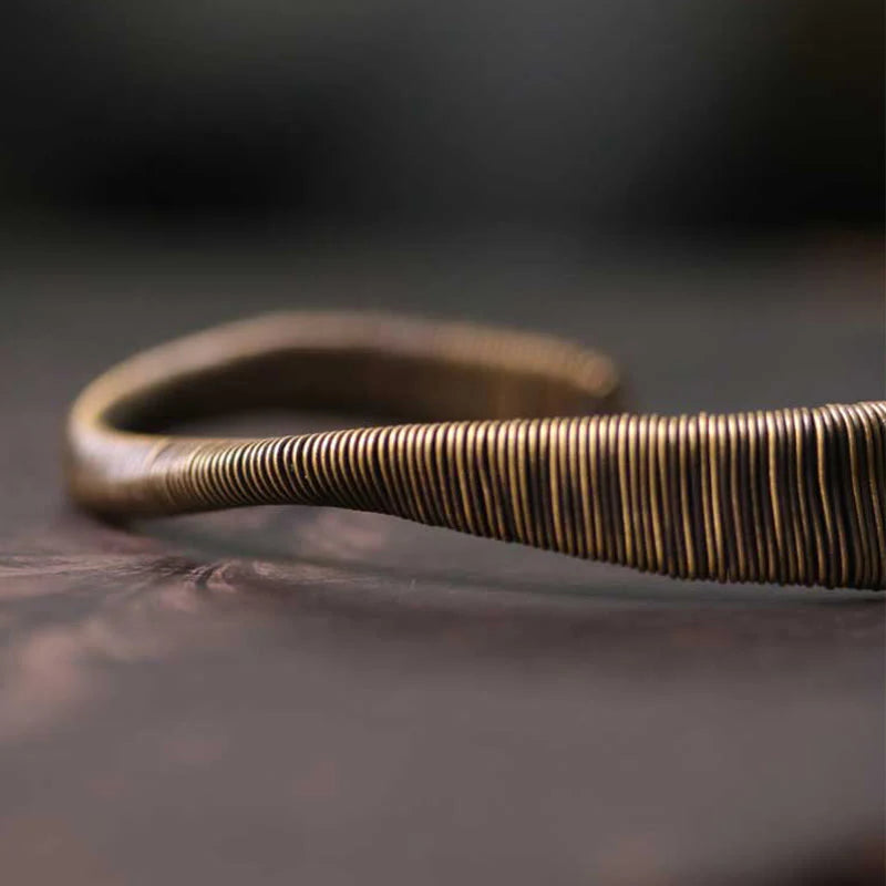 Buddha Stones Simple Design Wrapped Brass Copper Luck Wealth Adjustable Cuff Bracelet