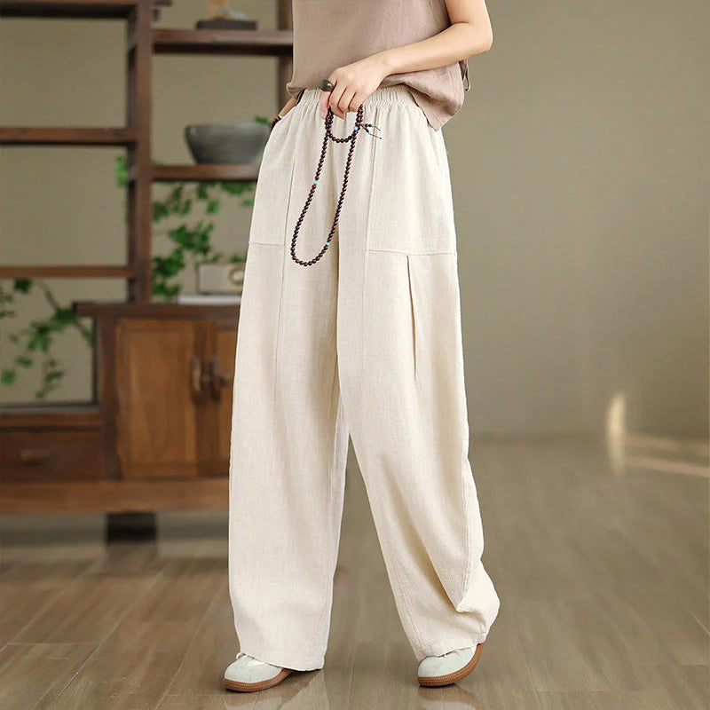 Buddha Stones Solid Color Cotton Linen Women's Straight Leg Pants With Pockets