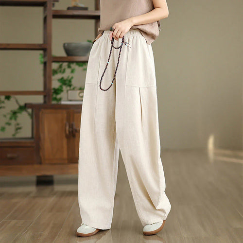 Buddha Stones Solid Color Cotton Linen Women's Straight Leg Pants With Pockets