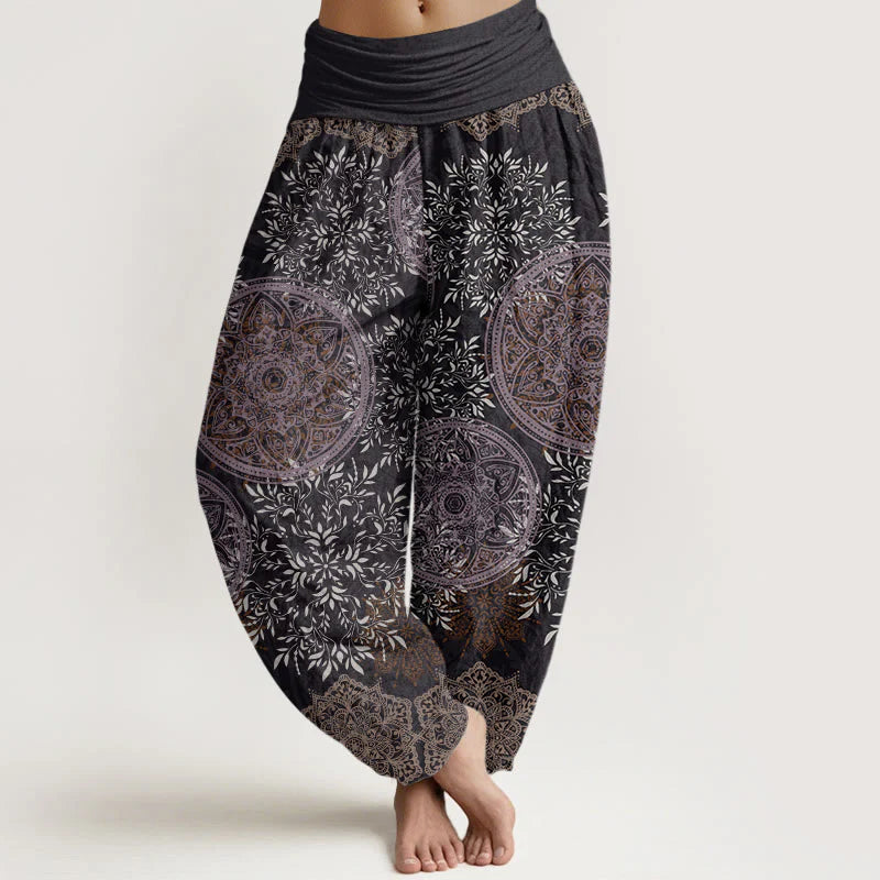 Buddha Stones Cotton Mandala Pattern Leaves Women's Elastic Waist Harem Pants