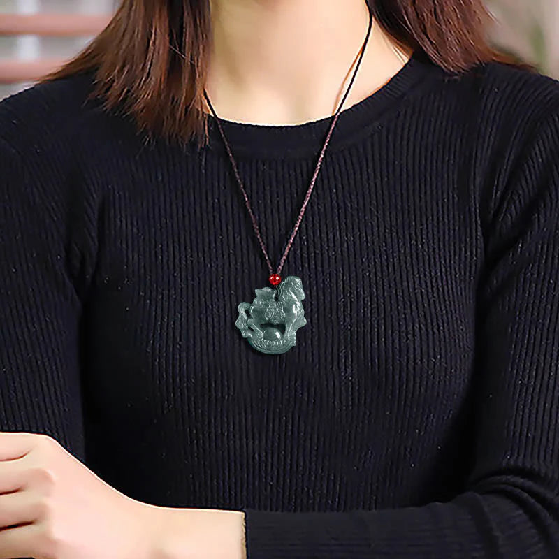 Buddha Stones Year of the Horse Jade Ingot Luck Prosperity Rope Necklace Pendant