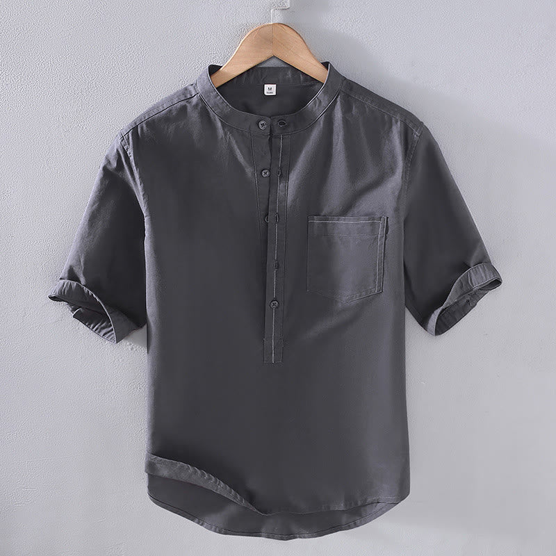 Buddha Stones Spring Pure Color Half Buttons Design Stand Collar Men's Short Sleeve Linen Shirt With Pocket