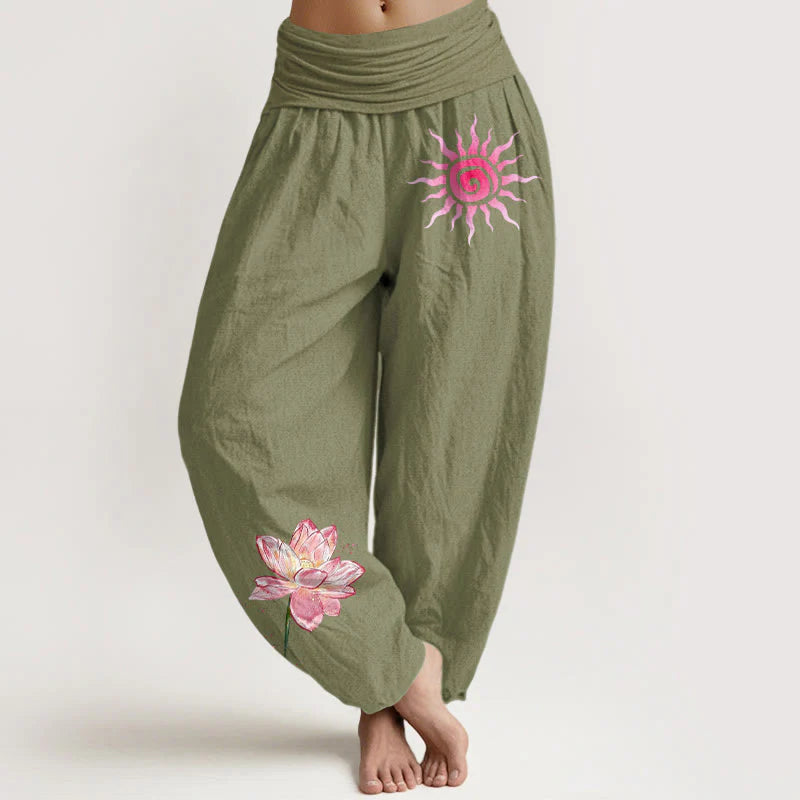 Buddha Stones Cotton Lotus Flower Sun Pattern Women's Elastic Waist Harem Pants