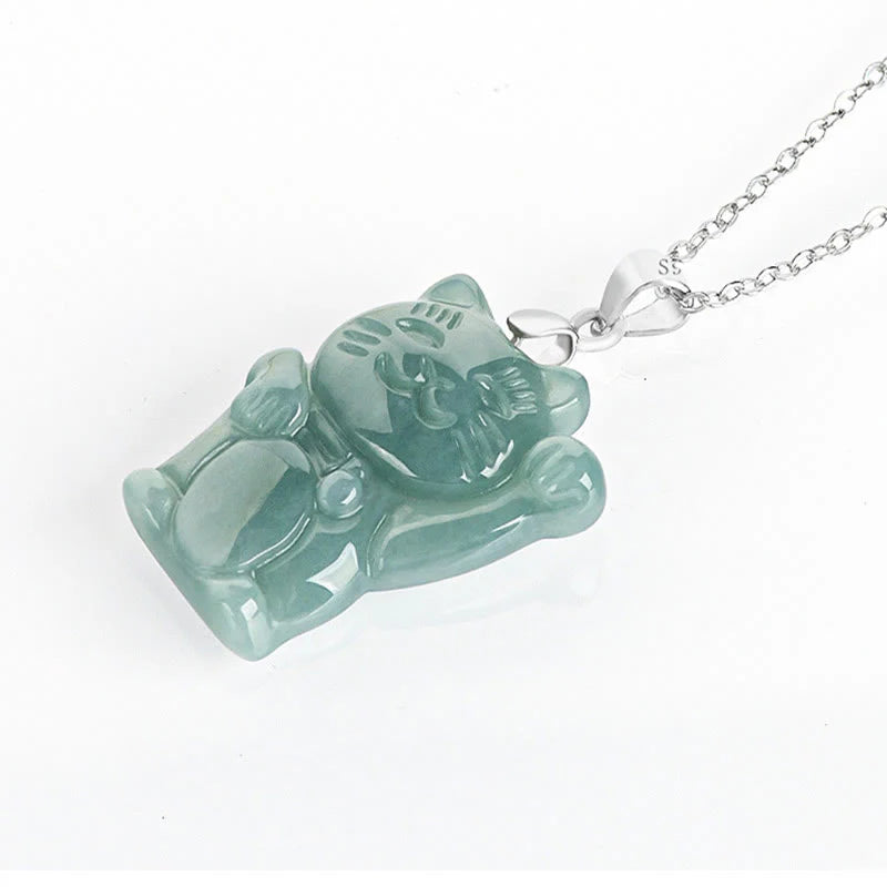 Buddha Stones Natural Jade Lucky Cat Abundance Titanium Steel Necklace Pendant
