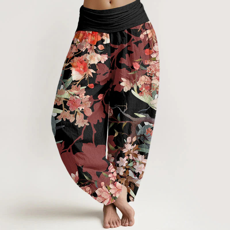 Buddha Stones Cotton Red Pink Blooming Flowers Lush Branches Women's Elastic Waist Harem Pants