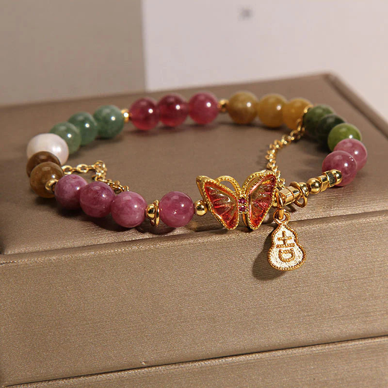 Buddha Stones Natural Colorful Tourmaline Butterfly Auspicious Character Gourd Charm Positive Bracelet (Extra 35% Off | USE CODE: FS35)