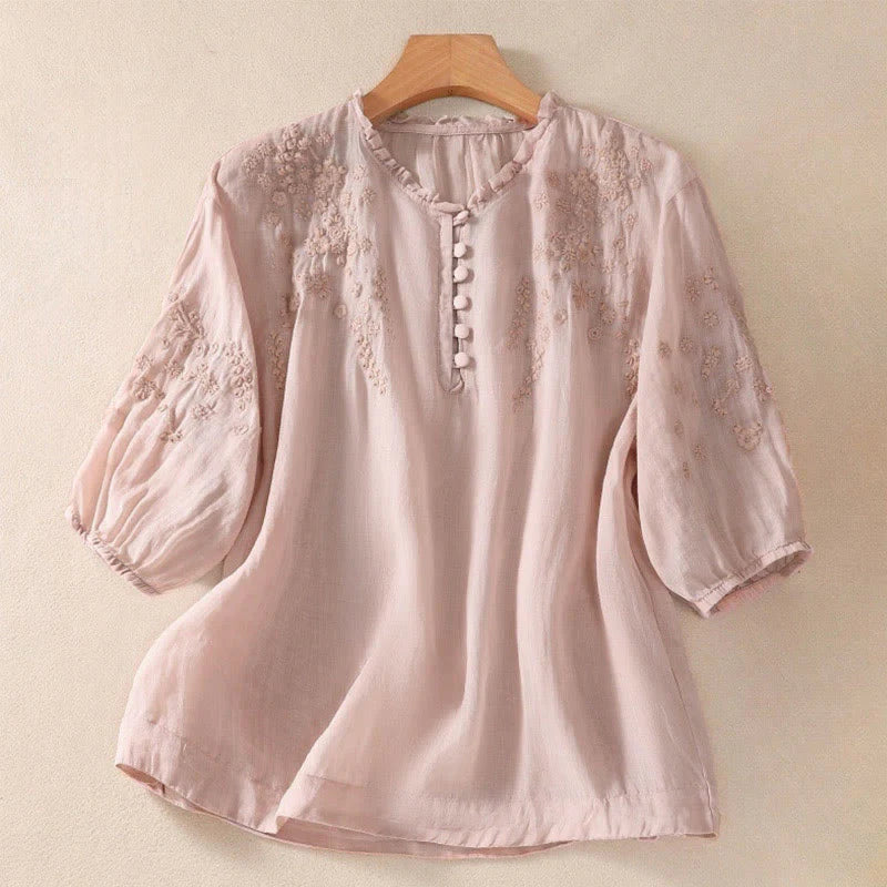 Buddha Stones Casual Plain Button Floral Embroidered Design Puff Half Sleeve Women's Shirt