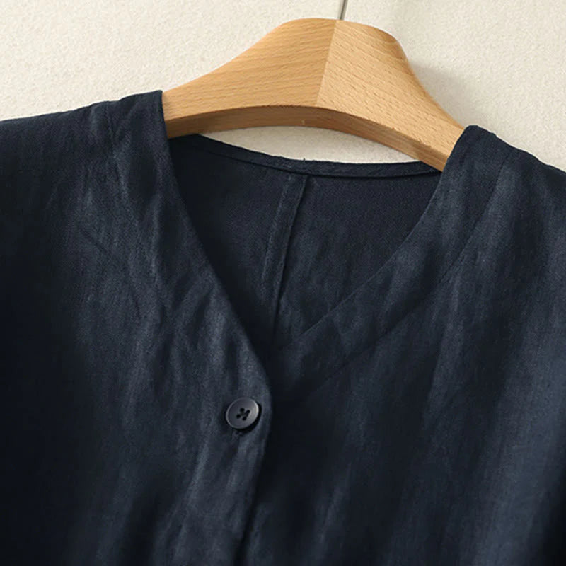Buddha Stones Summer Solid Color V-Neck Buttons Simple Design Women's Short Sleeve Shirt