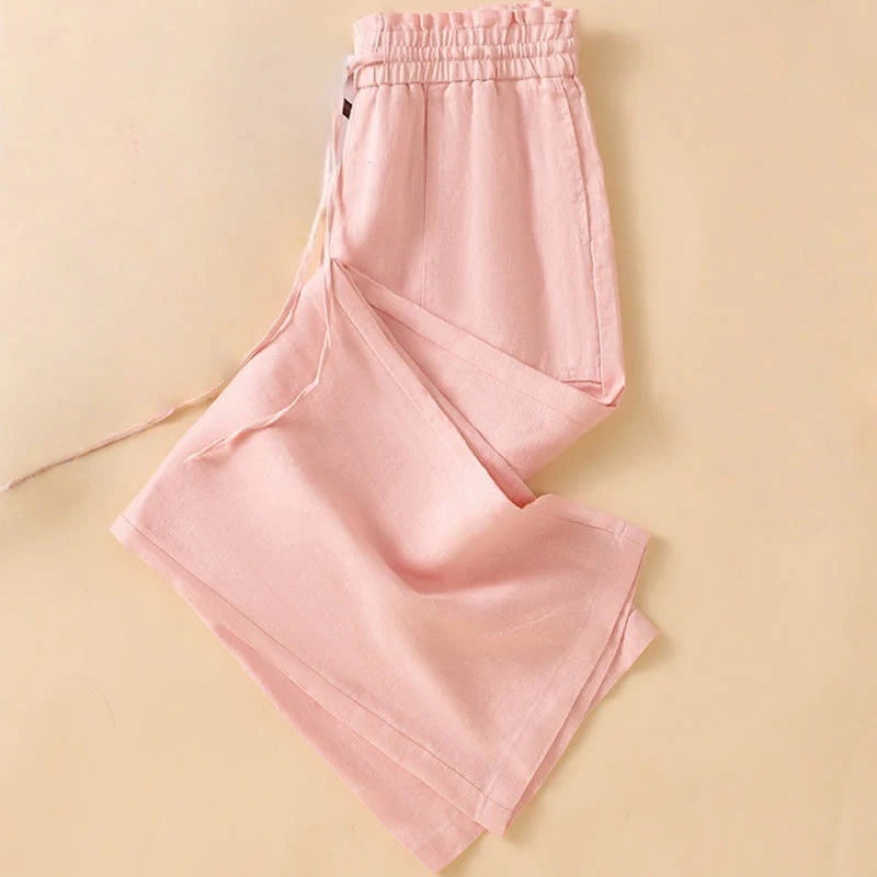 Buddha Stones Casual Straight Leg Design Cotton Women's 7-8 Length Wide Leg Pants With Pockets