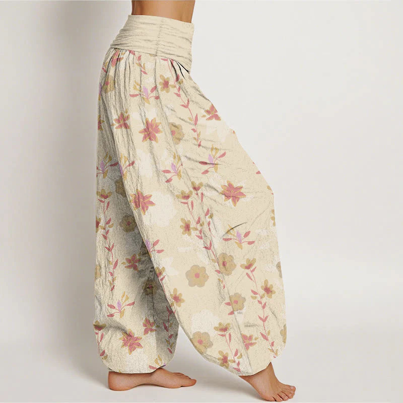 Buddha Stones Cotton Simple Refreshing Flower Leaf Pattern Women's Elastic Waist Harem Pants