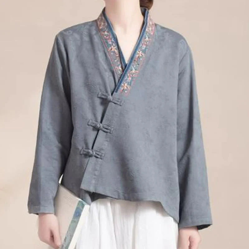 Buddha Stones Embroidered Flowers Grass Frog-Button Long Sleeve Cotton Women's Shirt
