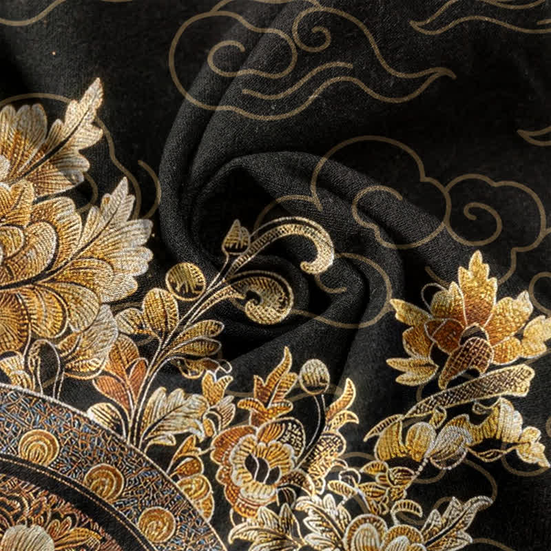 Buddha Stones Cotton Gold Buddha Floral Print Men's Short Sleeve Half Button Shirt