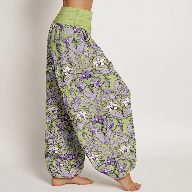 Buddha Stones Cotton Star Shaped Flowers Leaves Pattern Women's Elastic Waist Harem Pants