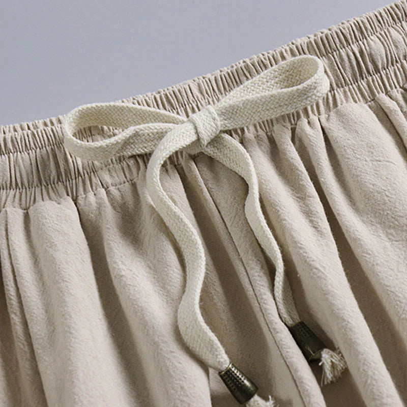 Buddha Stones Plain Drawstring Tapered Ankle-Length Men's Cotton Linen Pants With Pockets