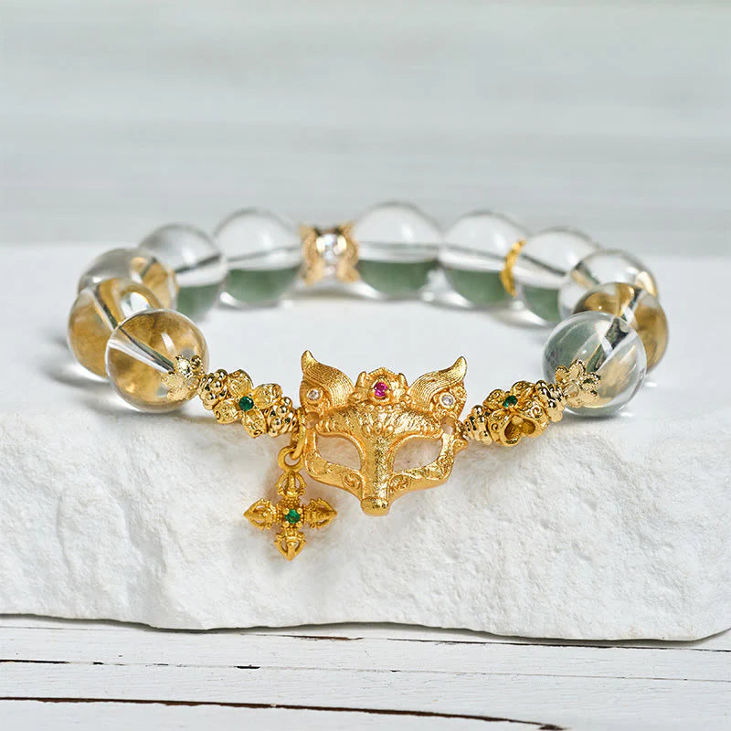 Buddha Stones Fox Cross Charm White Crystal Beaded Protection Bracelet