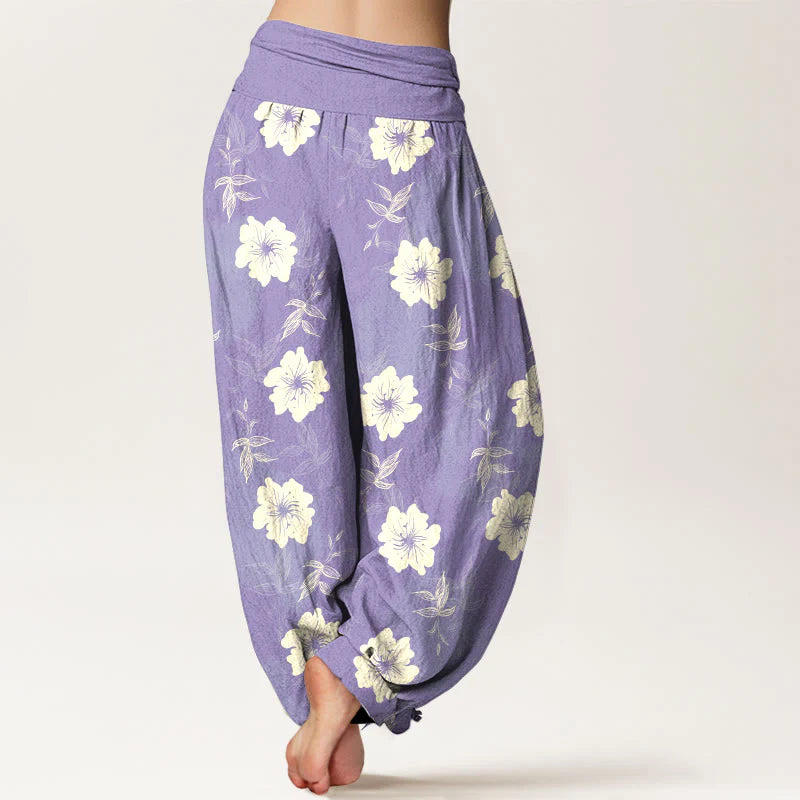 Buddha Stones Pure Cotton White Flowers Grass Women's Elastic Waist Harem Pants