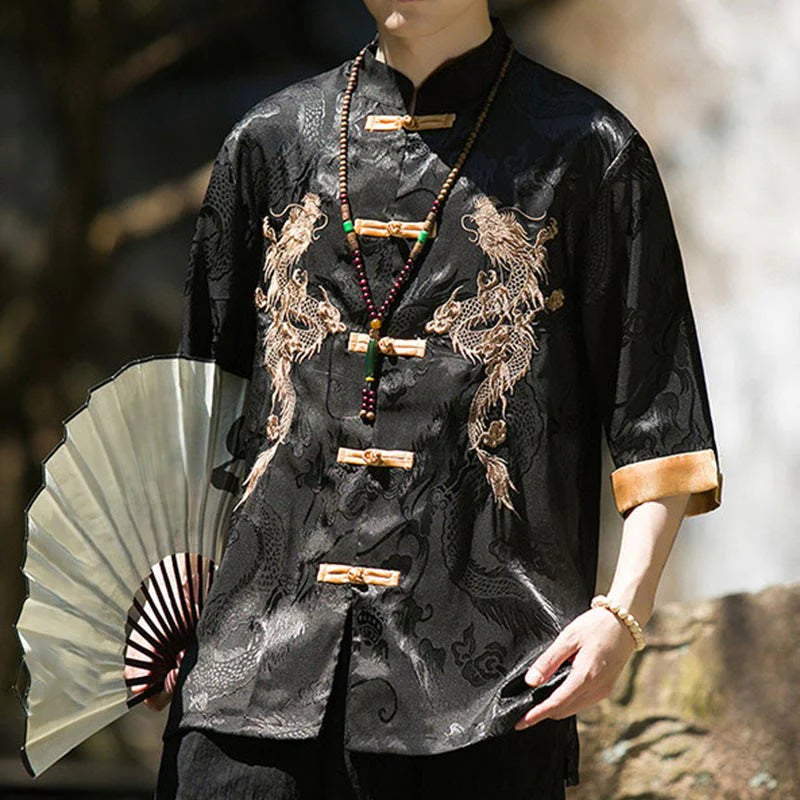 Buddha Stones Embroidered Dragon Pattern Colorblock Design Tang Suit Men's Frog-Button Half Sleeve Shirt
