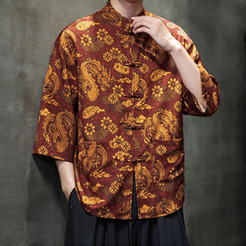 Buddha Stones Spring Frog-Button Dragon Mountain Flower Three Quarter Sleeve Tang Suit Men's Shirt With Pockets