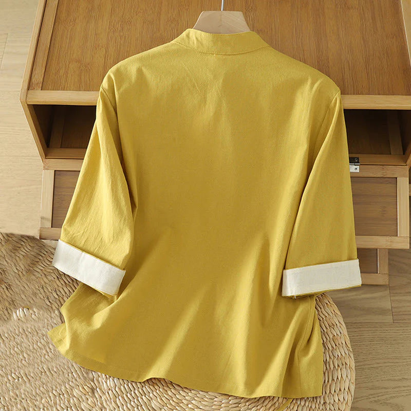 Buddha Stones Casual Vintage Chinese Frog-Button Lace-Up Patchwork Design Women's Cotton Shirt