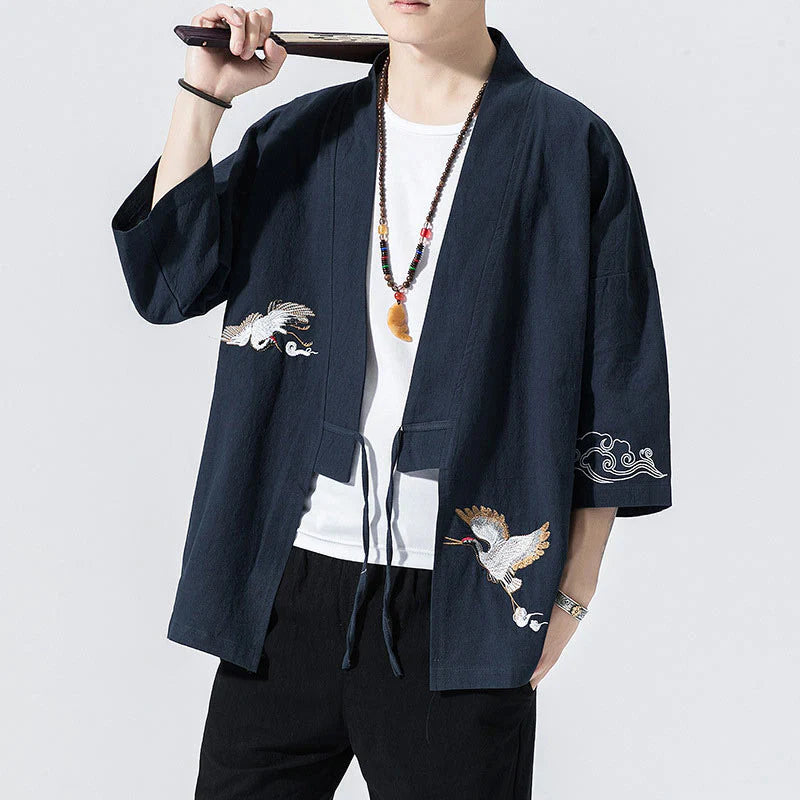 Buddha Stones Embroidery Open Front Jacket Cotton Linen Men's Three Quarter Sleeve Kimono